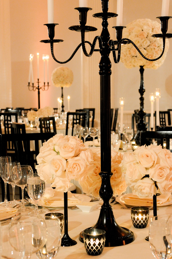 black and white wedding reception decor photo by Yvette Roman Photography